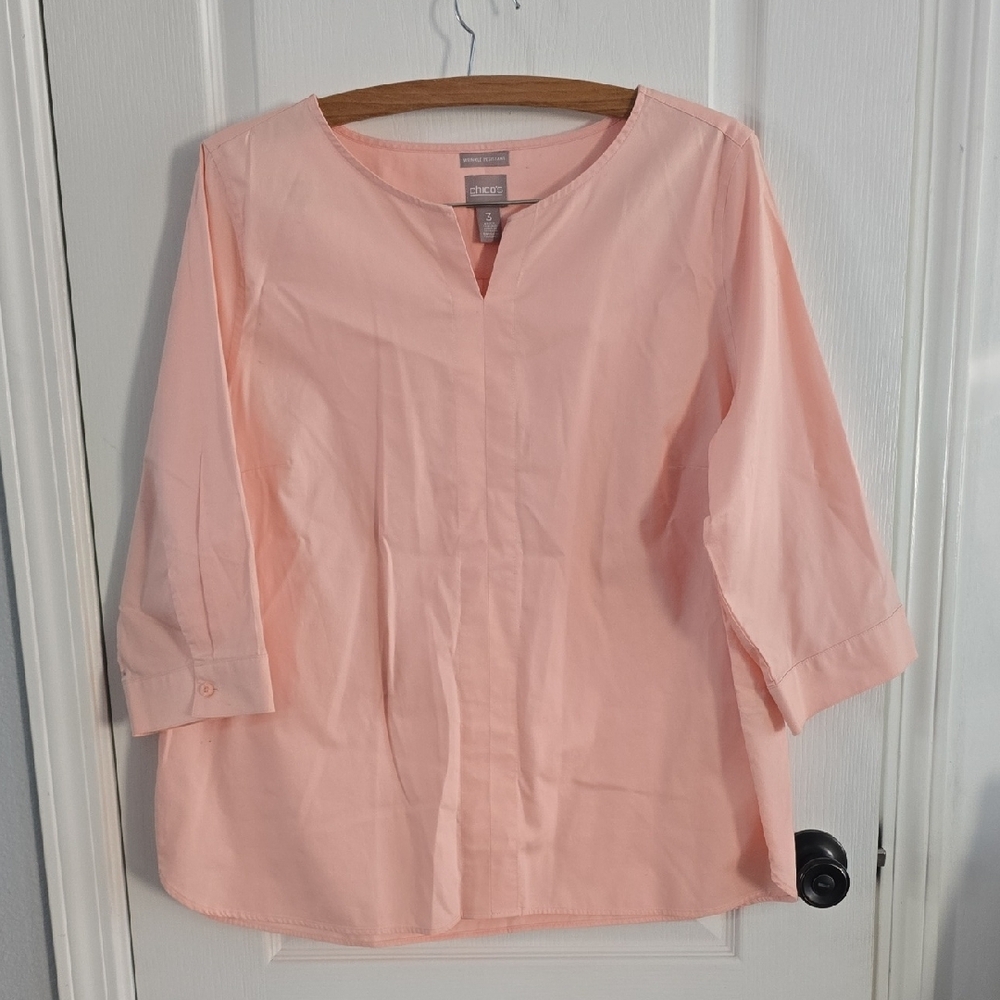 Chico's Pink Boxy Blouse with 3/4 Sleeves and Mandarin Collar